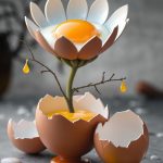 A surreal image of a flower made from a fried egg, nestled inside a cracked eggshell against a blurred grey background.