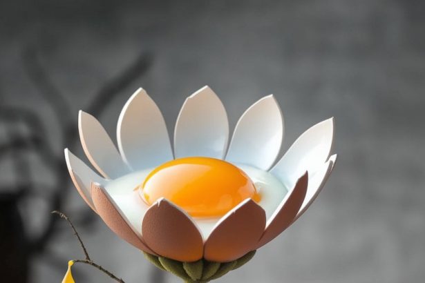 A surreal image of a flower made from a fried egg, nestled inside a cracked eggshell against a blurred grey background.