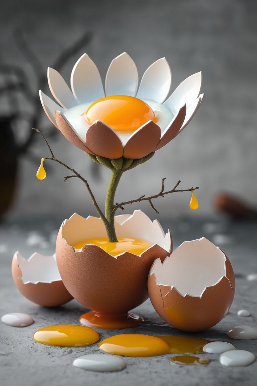 A surreal image of a flower made from a fried egg, nestled inside a cracked eggshell against a blurred grey background.