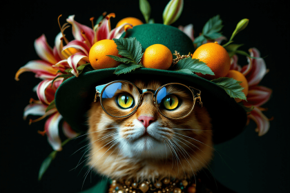 A stylish ginger cat in high fashion with a luxury floral hat.