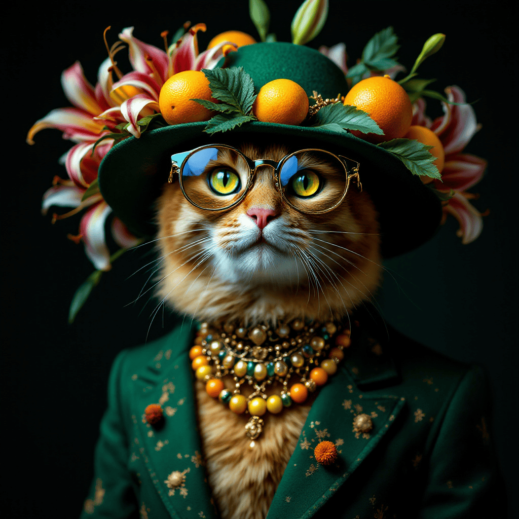 A stylish ginger cat in high fashion with a luxury floral hat.