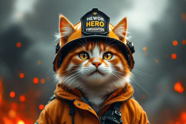 A heroic anthropomorphic cat in a firefighter uniform standing courageously amidst roaring flames and billowing smoke.