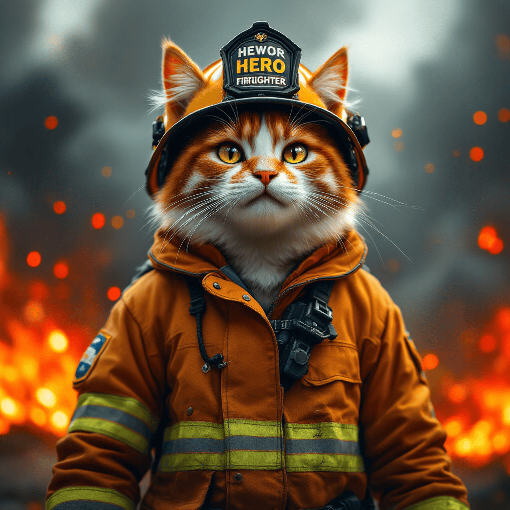 A heroic anthropomorphic cat in a firefighter uniform standing courageously amidst roaring flames and billowing smoke.