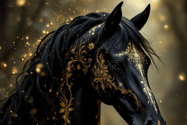 A majestic black horse adorned with intricate gold paint designs.