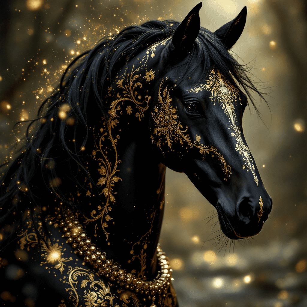 A majestic black horse adorned with intricate gold paint designs.