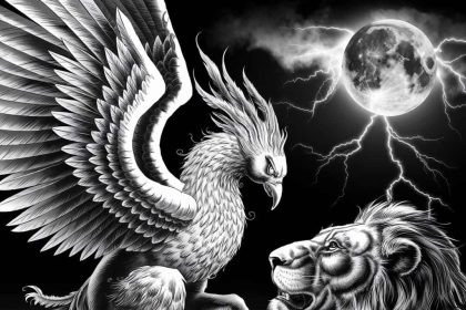 A black and white tattoo-style image of a phoenix and lion under a moonlit sky with lightning.