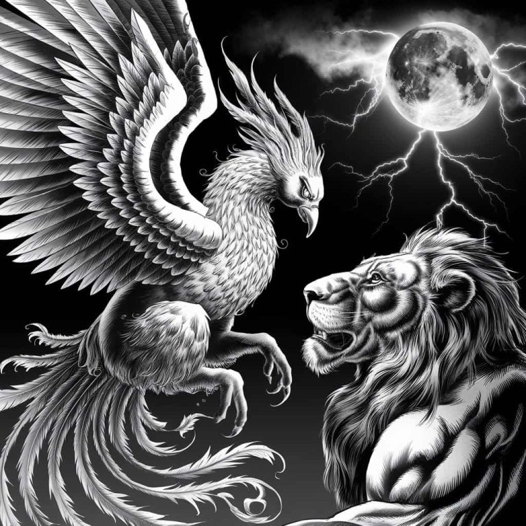 Phoenix and Lion: A Striking Tattoo-Style Black and White Art