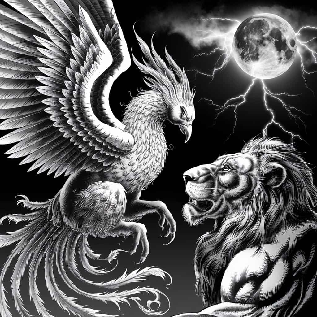 A black and white tattoo-style image of a phoenix and lion under a moonlit sky with lightning.