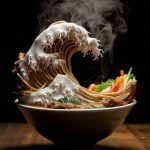 A stop motion photograph of ramen noodles shaped like the Great Wave of Kanagawa, with vegetables and meat creating wave textures.