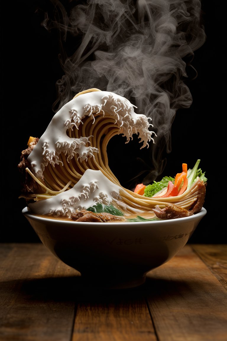 A stop motion photograph of ramen noodles shaped like the Great Wave of Kanagawa, with vegetables and meat creating wave textures.