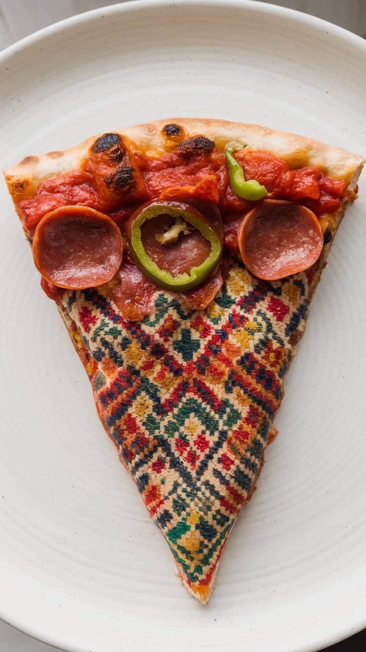 A pizza slice with an intricate tapestry-like pattern, topped with pepperoni and green peppers, on a white plate.