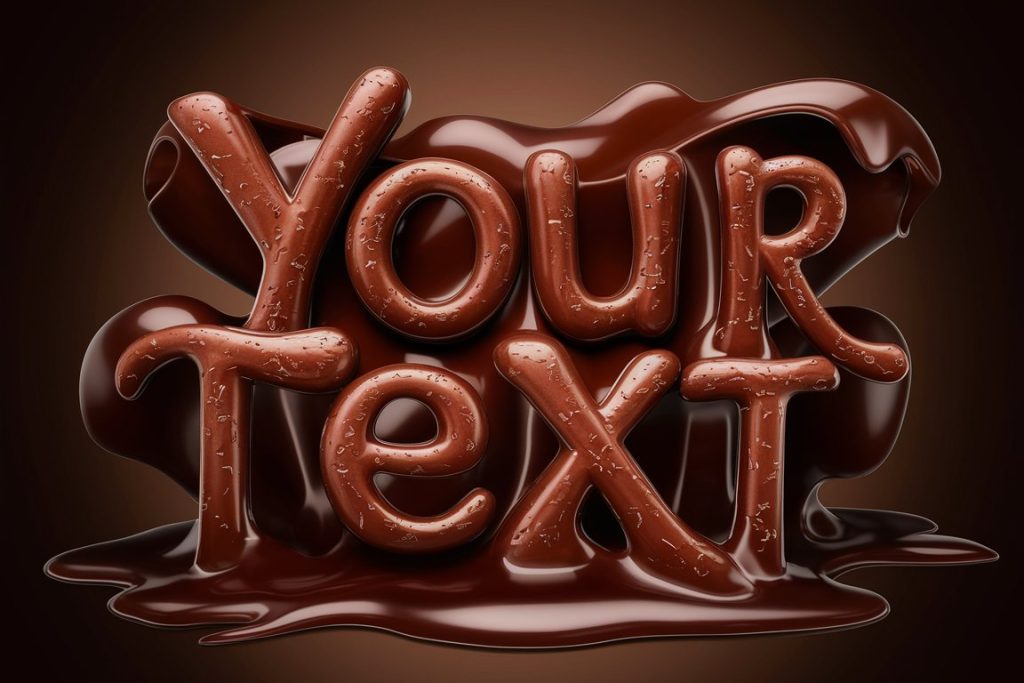 A realistic chocolate text sculpture with HDR lighting on a deep brown background.