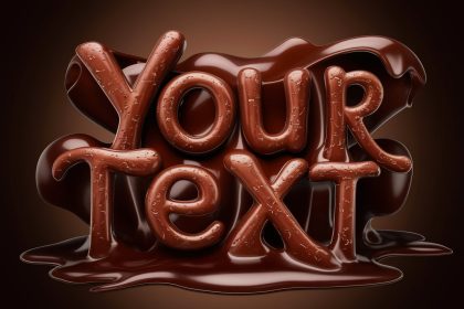 A realistic chocolate text sculpture with HDR lighting on a deep brown background.