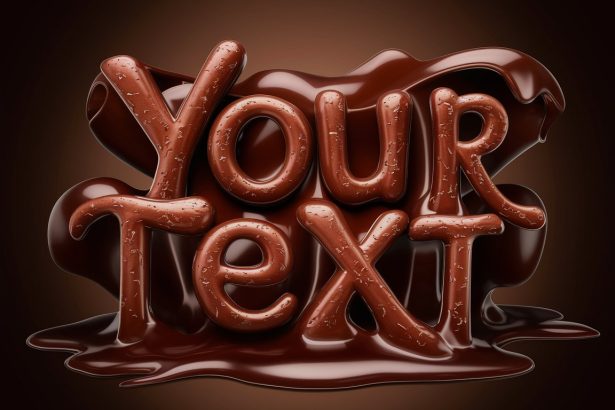 A realistic chocolate text sculpture with HDR lighting on a deep brown background.