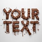 Chocolate typography art with dripping chocolate and mini chocolate bars in knolling layout on a white background