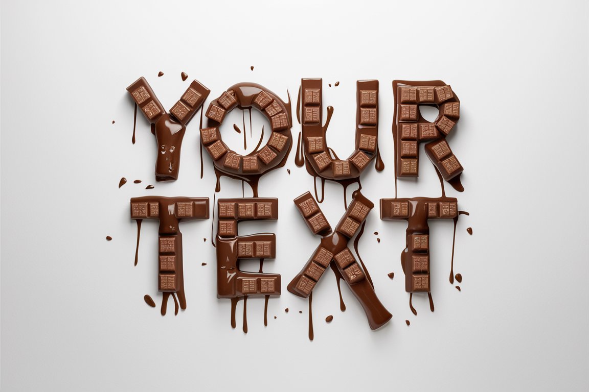 Chocolate typography art with dripping chocolate and mini chocolate bars in knolling layout on a white background