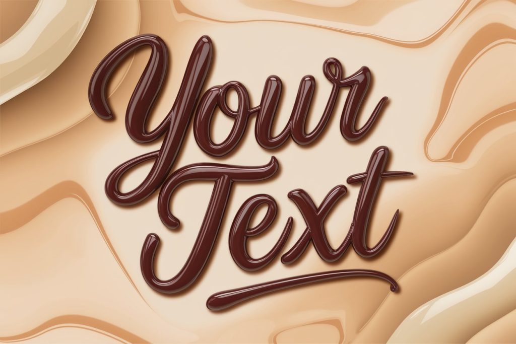 3D chocolate text effect with elegant cursive font on a warm beige background.