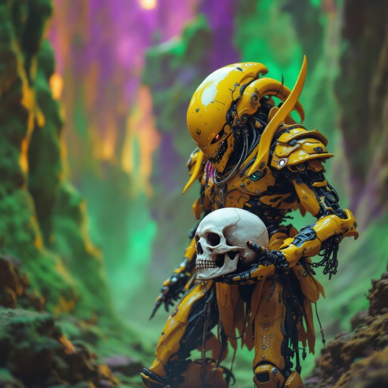 Alien Yellow: Robotic Skull Gaze in Futuristic Green World