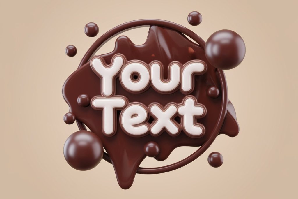 3D glossy chocolate text "Your Text" with dripping chocolate frame on beige background
