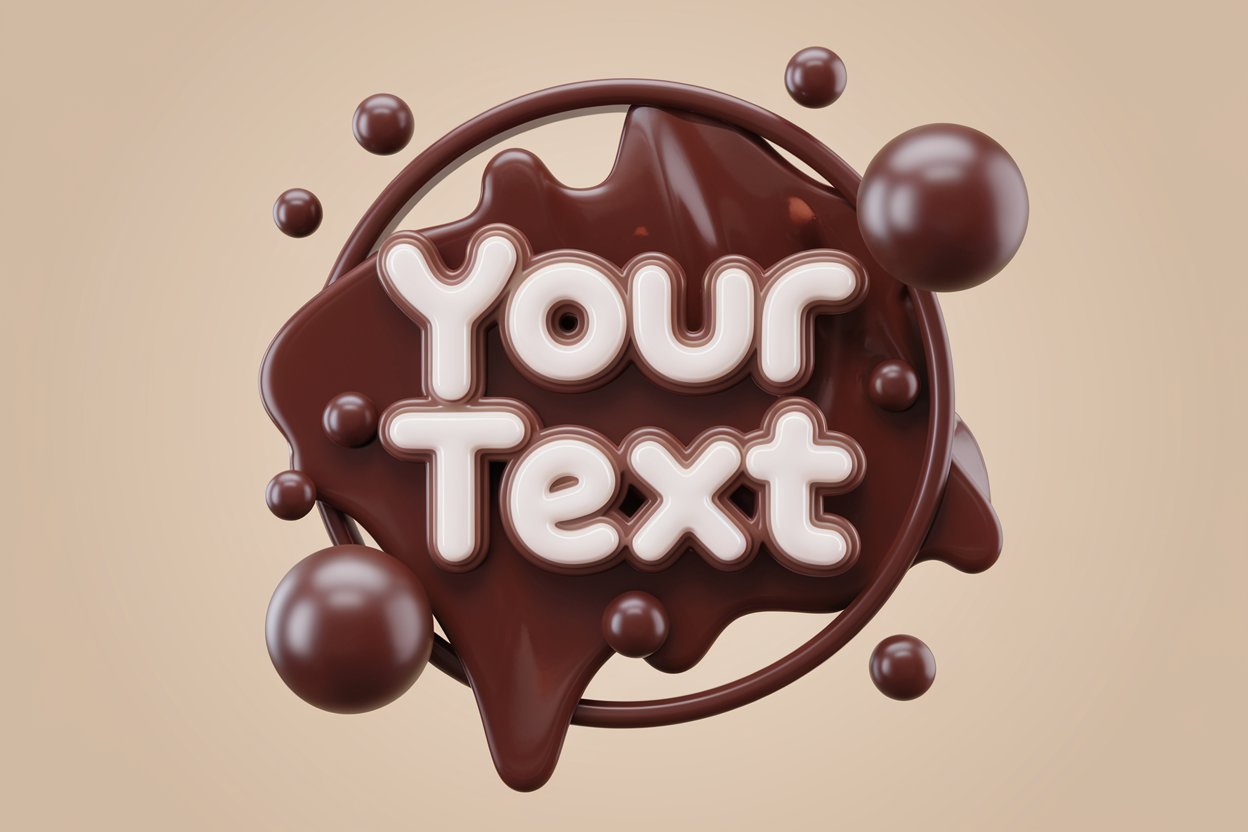 3D glossy chocolate text "Your Text" with dripping chocolate frame on beige background