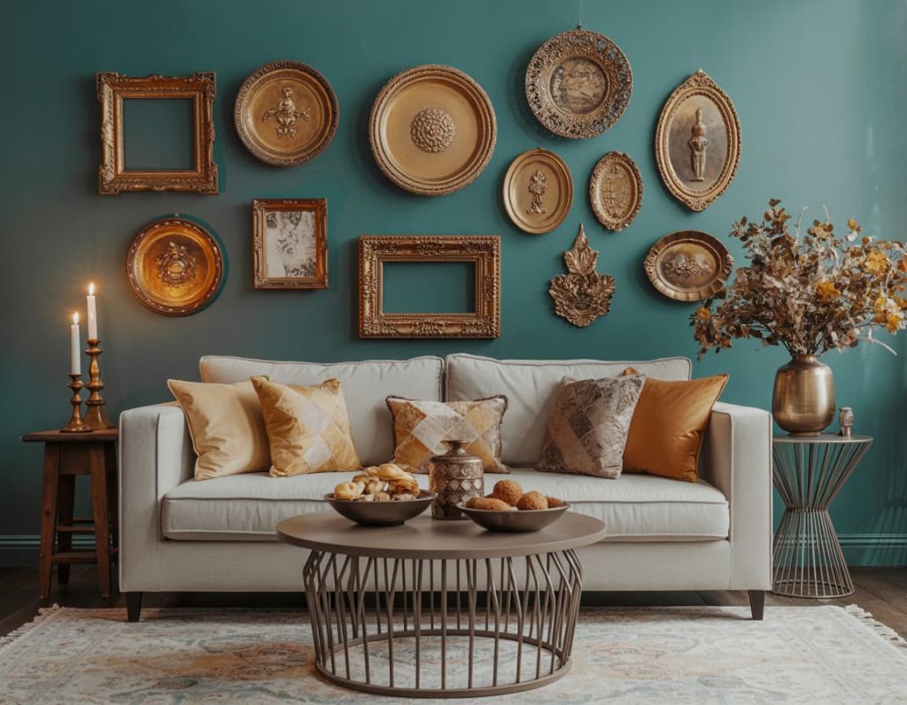 Vintage living room image prompt with teal walls and ornate decor
