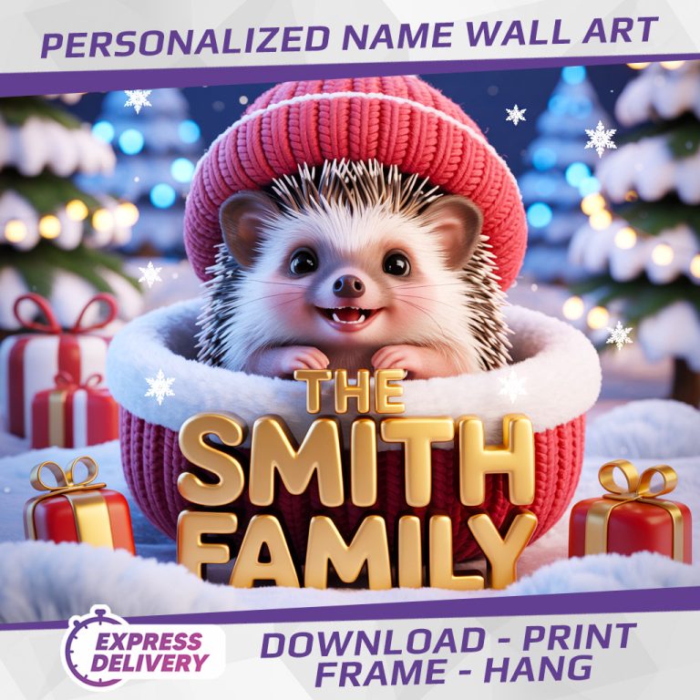 Personalized Family Name Hedgehog Christmas Art (Digital Download)