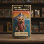 Vintage-style action figure of pet dog Buster in sealed blister pack on a dusty toy store shelf