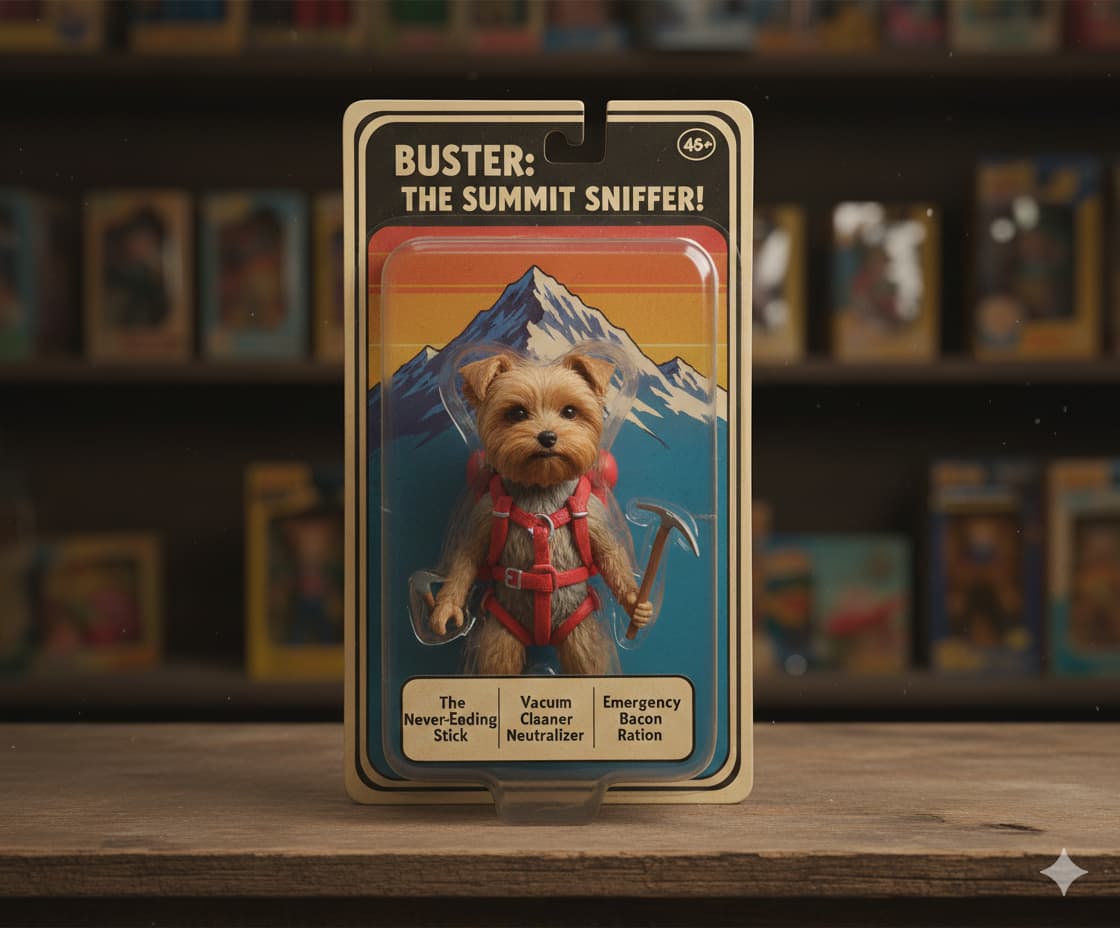 Vintage-style action figure of pet dog Buster in sealed blister pack on a dusty toy store shelf