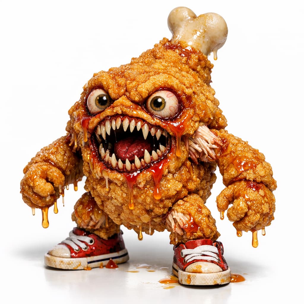 Example of a grotesque food figurine prompt result showing a fried chicken drumstick character
