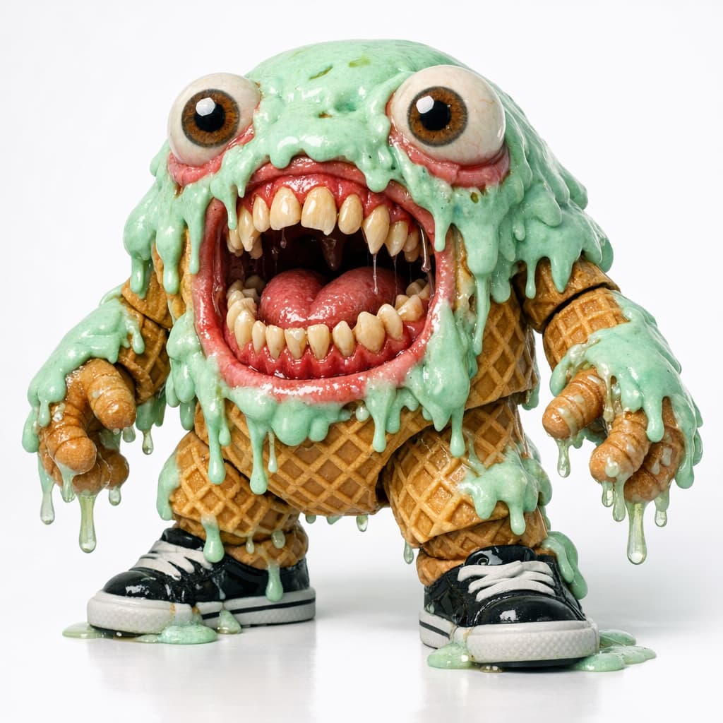 Example of a grotesque food figurine prompt result showing a melting mint ice cream cone character with realistic human teeth, bulging eyes, pink gums, waffle cone body, and black sneakers