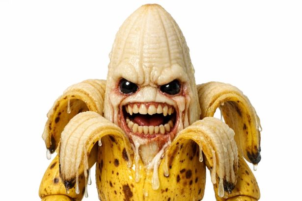 Example of a grotesque food figurine prompt result showing a peeled banana character with aggressive teeth, angry eyes, brown spots, exposed white flesh, slimy drips, and black sneakers