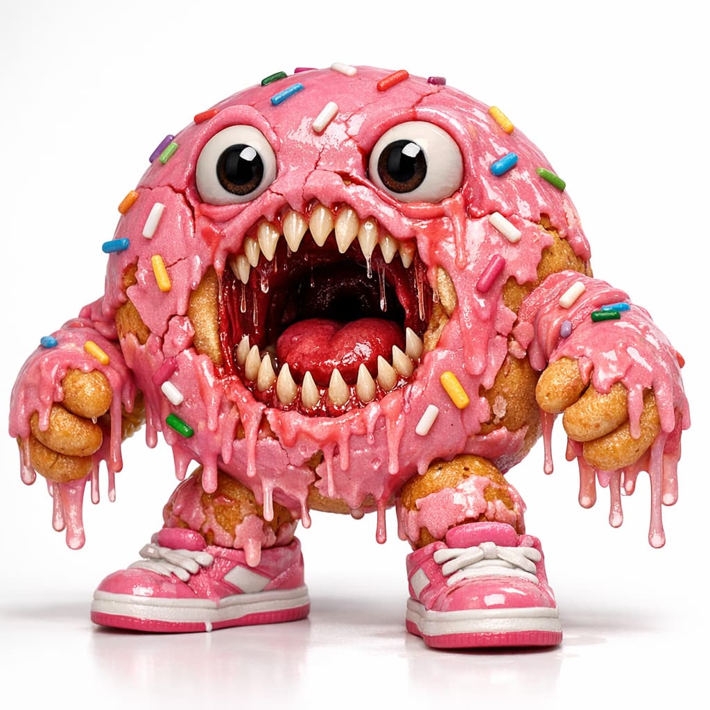 Example of a grotesque food figurine prompt result showing a donut monster