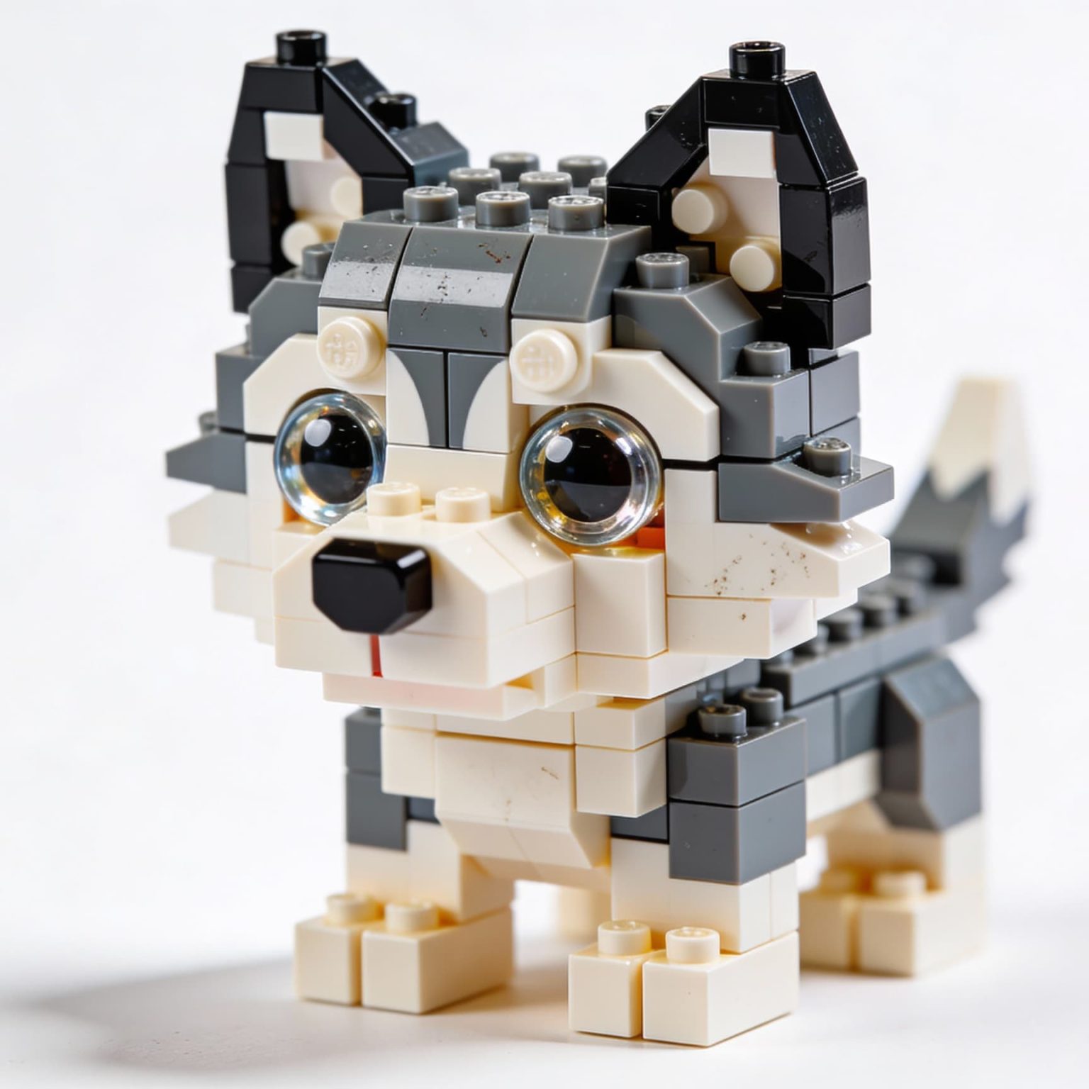 A macro photography graphic of a baby wolf built with the Lego Style Cute Animals prompt details.