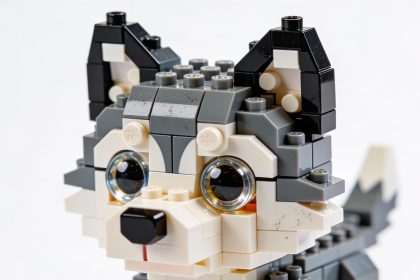 A macro photography graphic of a baby wolf built with the Lego Style Cute Animals prompt details.