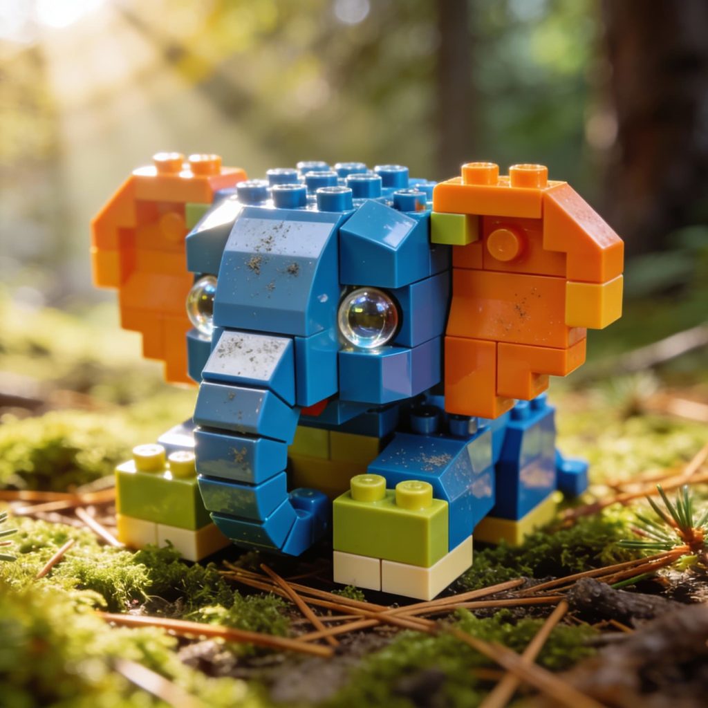 A macro photography graphic of a blue baby elephant built with the Lego Style Cute Animals prompt on a forest floor.