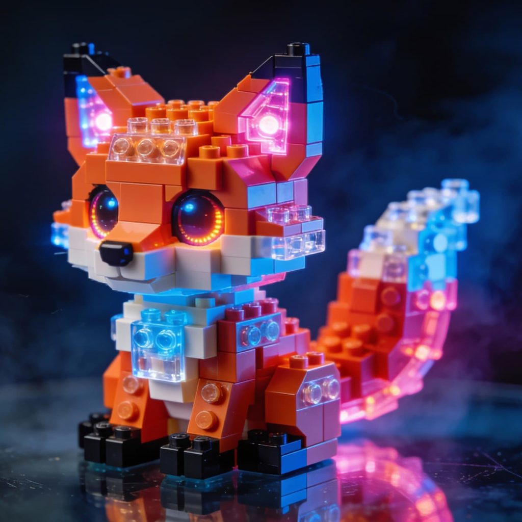 A cinematic macro photography graphic of a neon fox built with the Lego Style Cute Animals prompt.