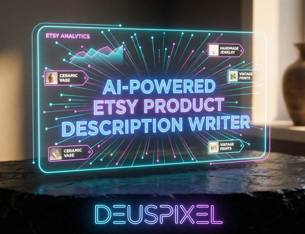 AI-powered Etsy product description writer holographic interface with analytics charts, ceramic vase and vintage prints tags, DeusPixel branding