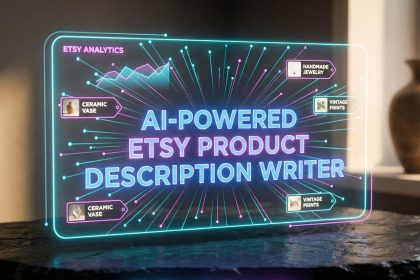 AI-powered Etsy product description writer holographic interface with analytics charts, ceramic vase and vintage prints tags, DeusPixel branding