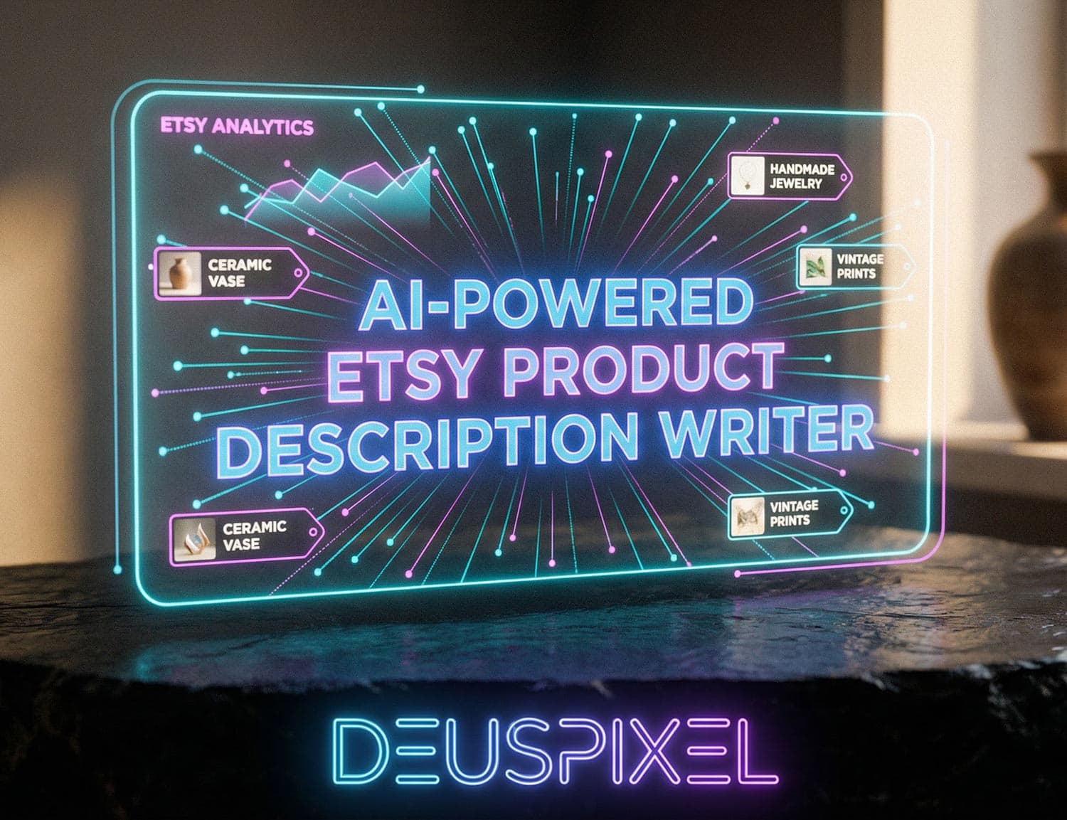 AI-powered Etsy product description writer holographic interface with analytics charts, ceramic vase and vintage prints tags, DeusPixel branding