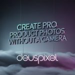 3D metallic text reading Create Pro Product Photos Without a Camera with DeusPixel branding on atmospheric gradient background