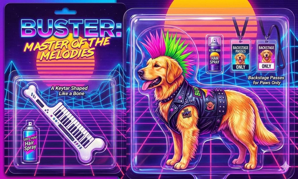 AI graphic image of a 1980s synth-wave style pet action figure in neon blister pack packaging with mohawk leather vest and keytar accessories