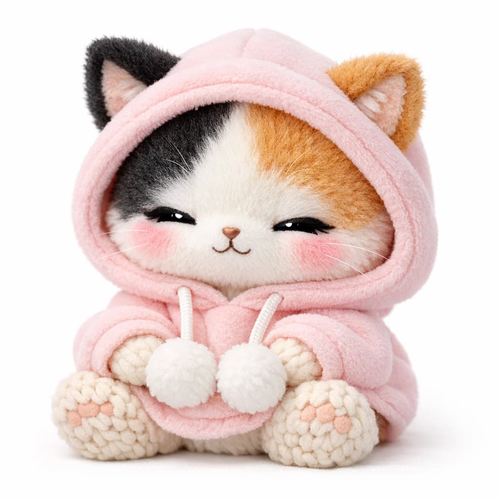 AI generated graphic image of a sleepy calico kitten plush toy wearing an oversized pastel pink fleece hoodie with white pom poms