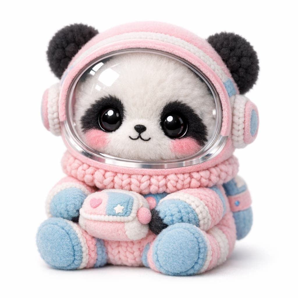 AI generated graphic image of a cute plush baby panda wearing a pastel pink and blue astronaut suit with a clear visor