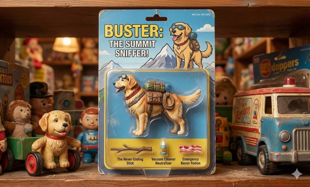 AI graphic image of a vintage blister pack action figure featuring a golden retriever mountain explorer named The Summit Sniffer Main prompt image caption: Turn your pet into a collectible toy with this viral AI image prompt