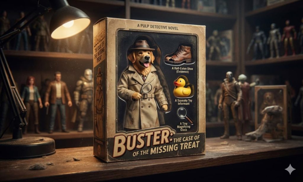 AI graphic image of a 1940s noir detective dog action figure in a collectible box with trench coat fedora and miniature accessories