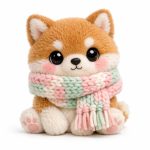 AI generated graphic image of a cute fluffy Shiba Inu puppy plush toy wearing a thick pastel striped knitted winter scarf