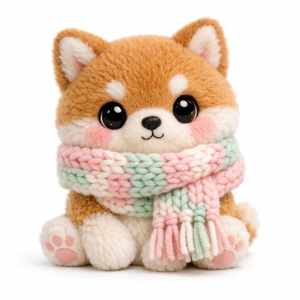 AI generated graphic image of a cute fluffy Shiba Inu puppy plush toy wearing a thick pastel striped knitted winter scarf