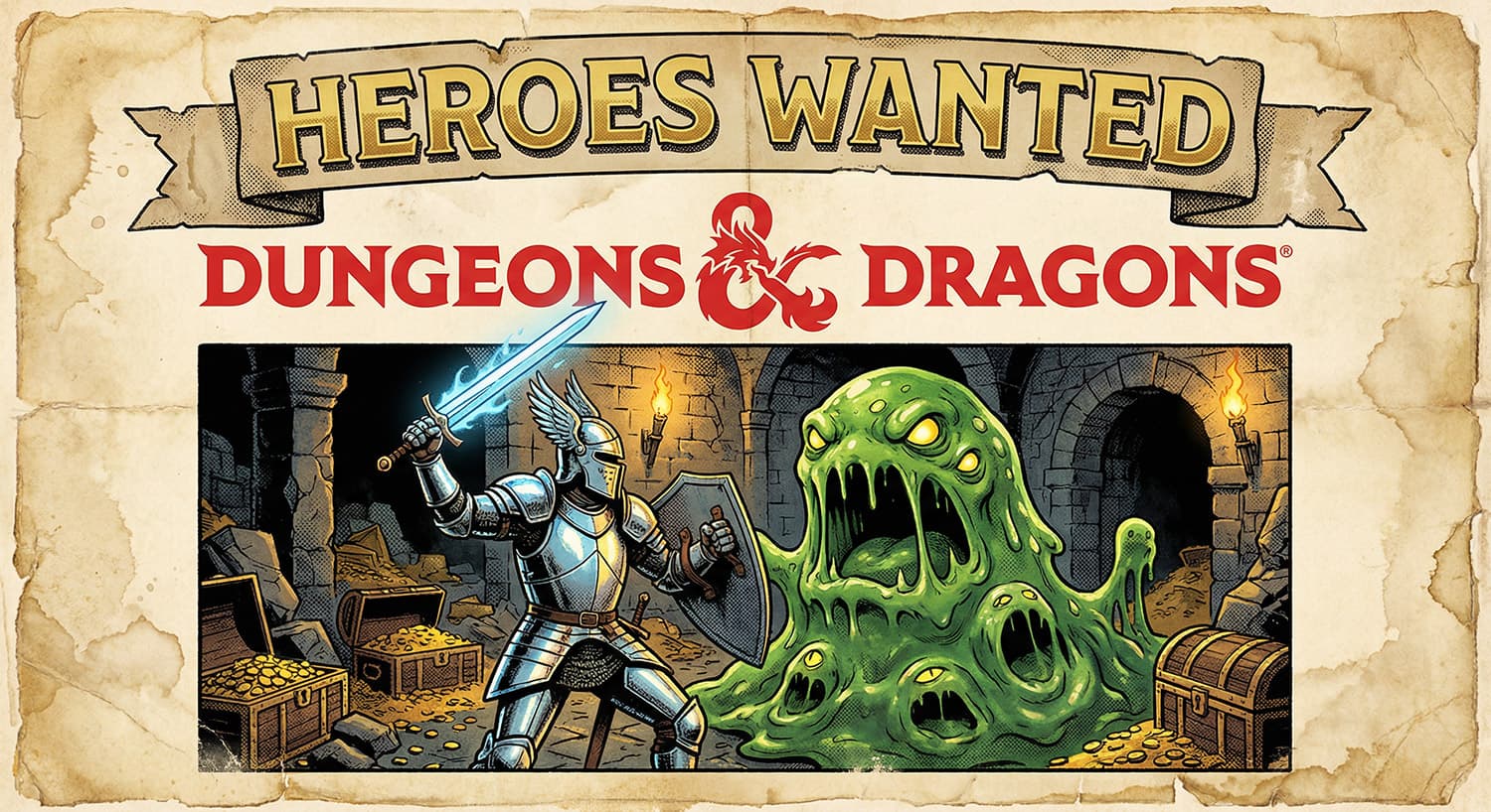 AI generated graphic image showing a retro fantasy RPG poster with a knight fighting a green ooze monster