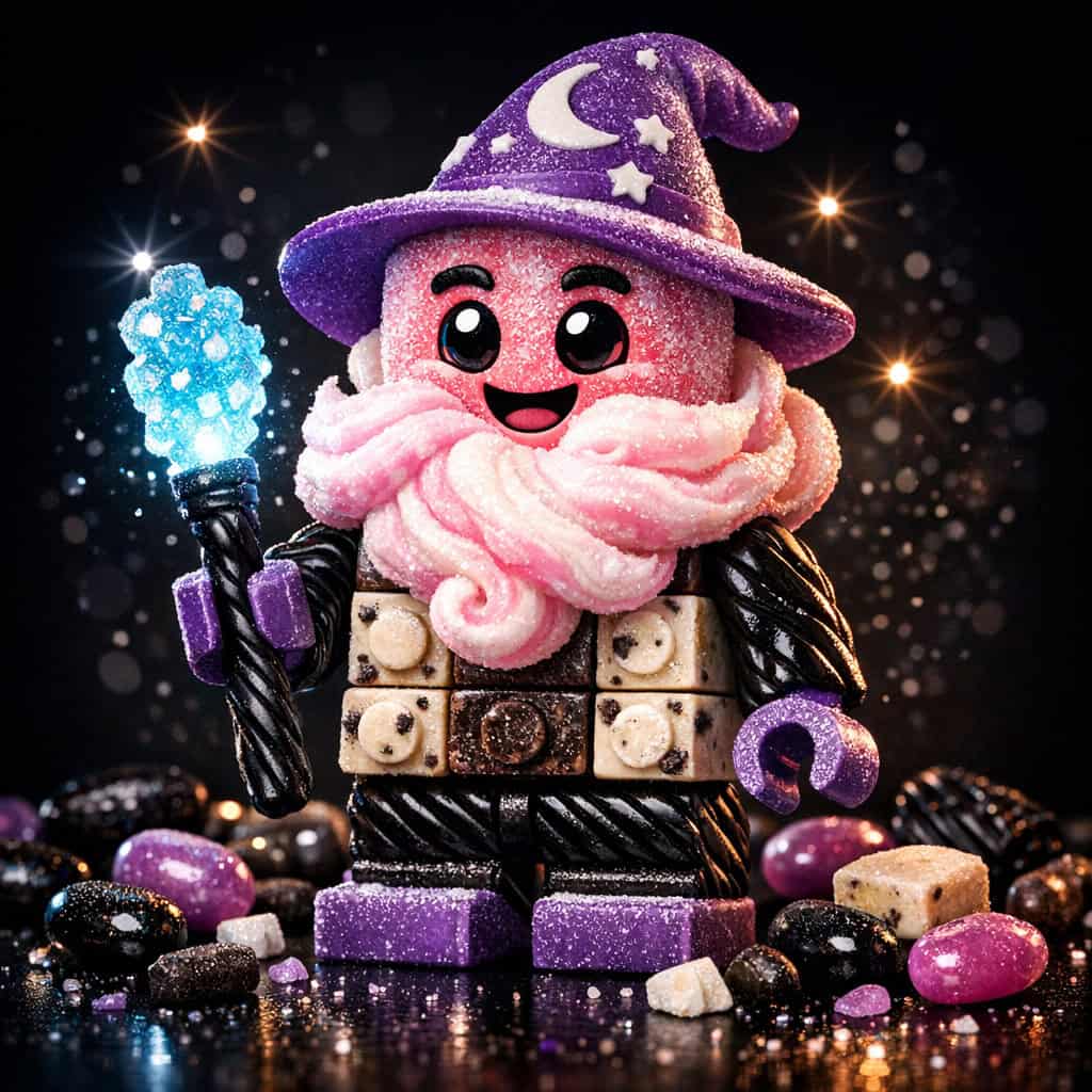 3D render of a toy wizard minifigure made of candy, featuring a Turkish delight head, cotton candy beard, and fudge torso holding a glowing rock candy staff.