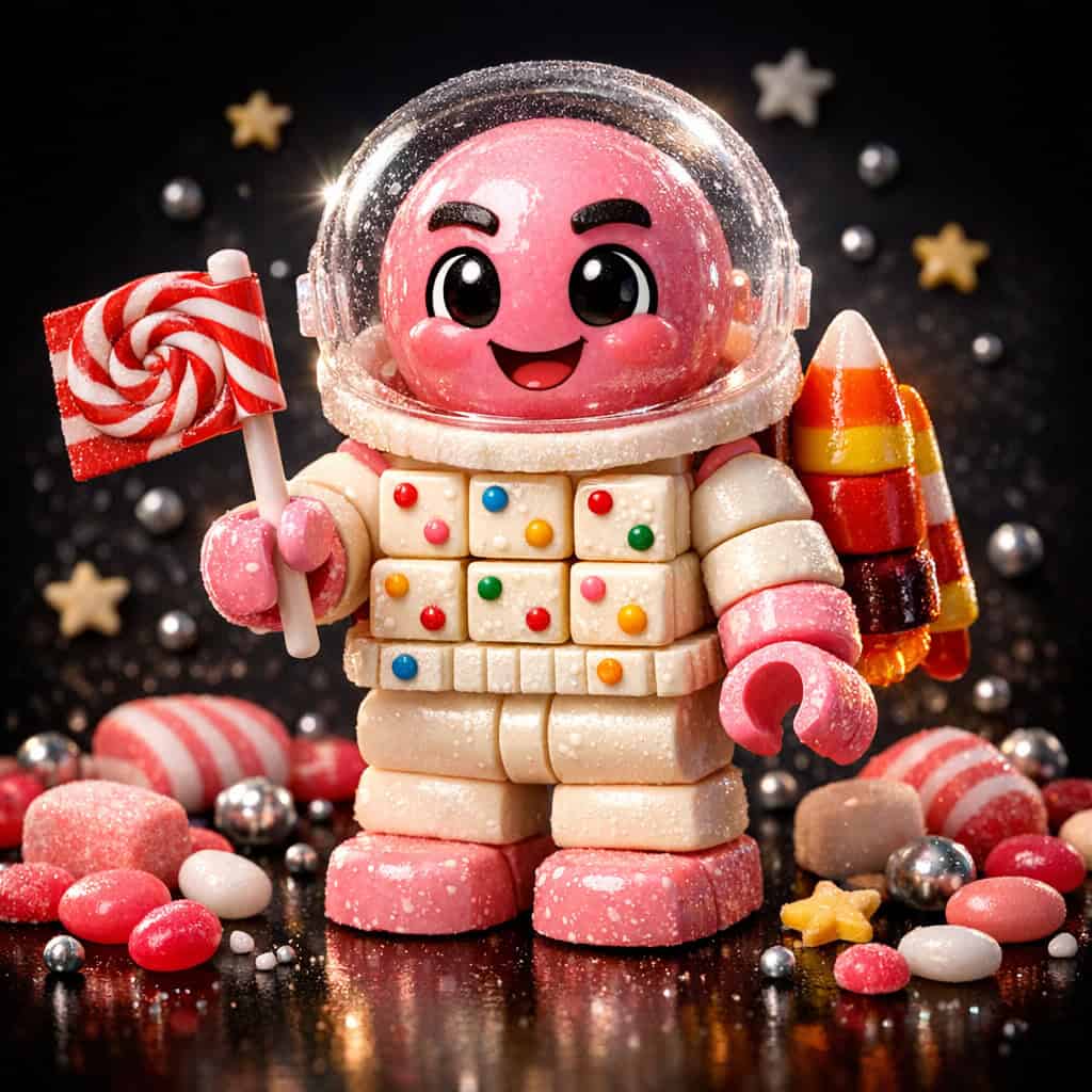 Astronaut toy minifigure made of candy, featuring a clear spun-sugar helmet, pink bubblegum head, white chocolate torso, and candy corn rocket pack.